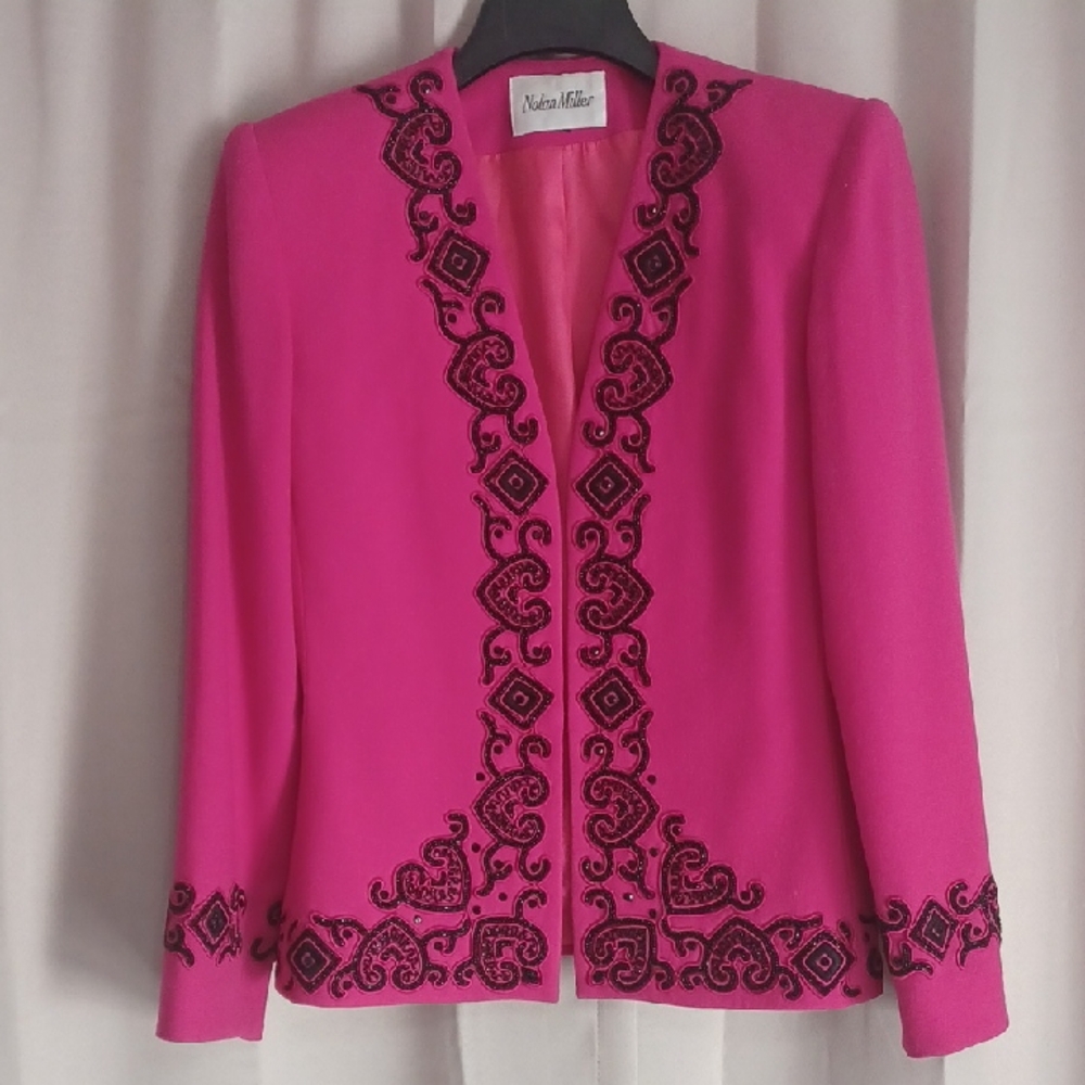 Nolan Miller Vintage Wool Statement Blazer, Hot Pink Black Sequins Embroidery